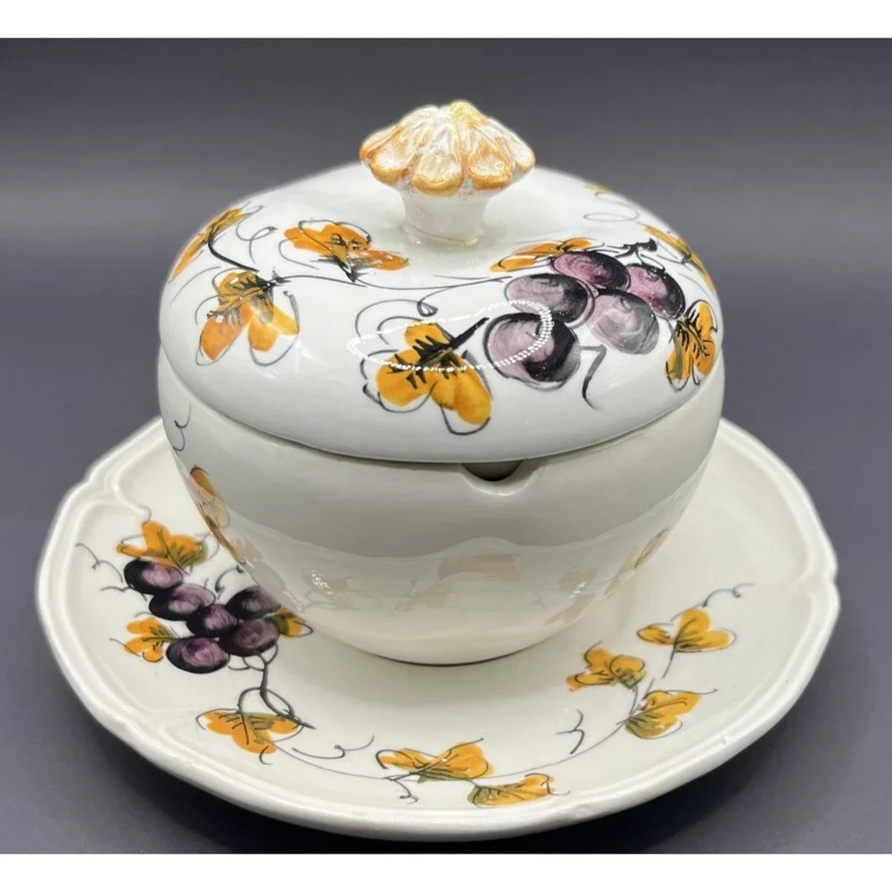 Vtg Italian Apple Shaped Covered Bowl & Saucer Hand Painted Mid-Century